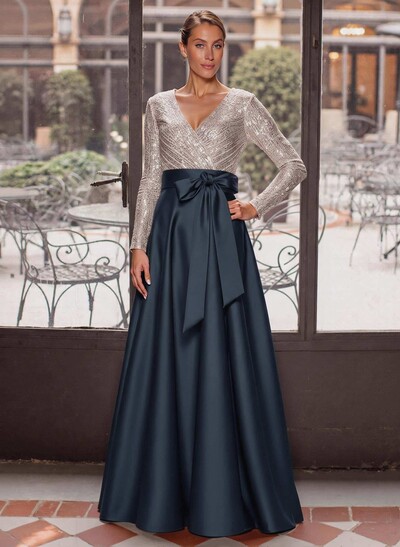 A-Line V-Neck Long Sleeves Floor-Length Satin Mother Of The Bride Dresses With Bow(s)