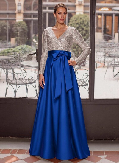 A-Line V-Neck Long Sleeve Floor-Length Satin Mother Of The Bride Dress With Bow