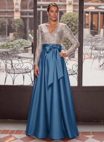 A-Line V-Neck Long Sleeve Floor-Length Satin Mother Of The Bride Dress With Bow Detail