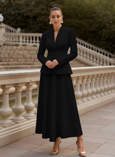 A-Line V-Neck Long Sleeves Ankle-Length Elastic Satin Mother Of The Bride Dresses