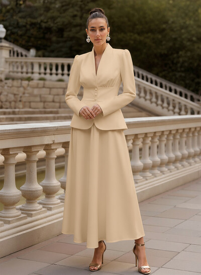A-Line V-Neck Long Sleeves Ankle-Length Elastic Satin Mother Of The Bride Dresses
