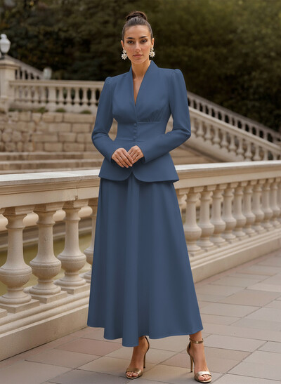 A-Line V-Neck Long Sleeves Ankle-Length Elastic Satin Mother Of The Bride Dresses