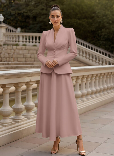 A-Line V-Neck Long Sleeves Ankle-Length Elastic Satin Mother Of The Bride Dresses