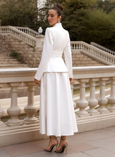 A-Line V-Neck Long Sleeves Ankle-Length Elastic Satin Mother Of The Bride Dresses