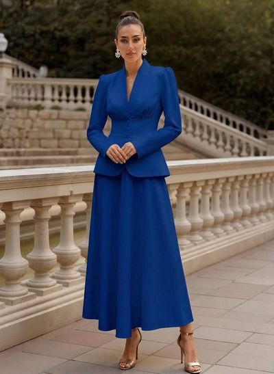A-Line V-Neck Long Sleeves Ankle-Length Elastic Satin Mother Of The Bride Dresses