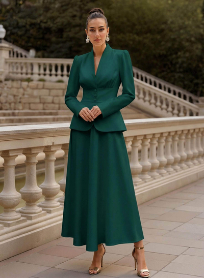 A-Line V-Neck Long Sleeves Ankle-Length Elastic Satin Mother Of The Bride Dresses