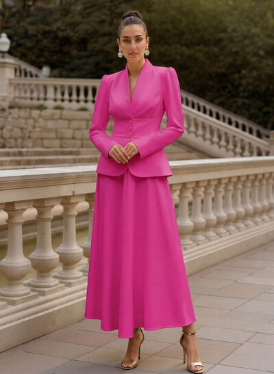 A-Line V-Neck Long Sleeves Ankle-Length Elastic Satin Mother Of The Bride Dresses