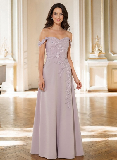Off-The-Shoulder Sleeveless Floor-Length Elastic Satin Mother Of The Bride Dresses With Appliques Lace