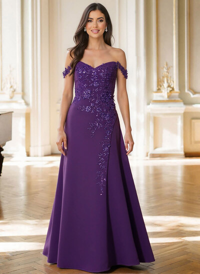 Off-The-Shoulder Sleeveless Floor-Length Elastic Satin Mother Of The Bride Dresses With Appliques Lace