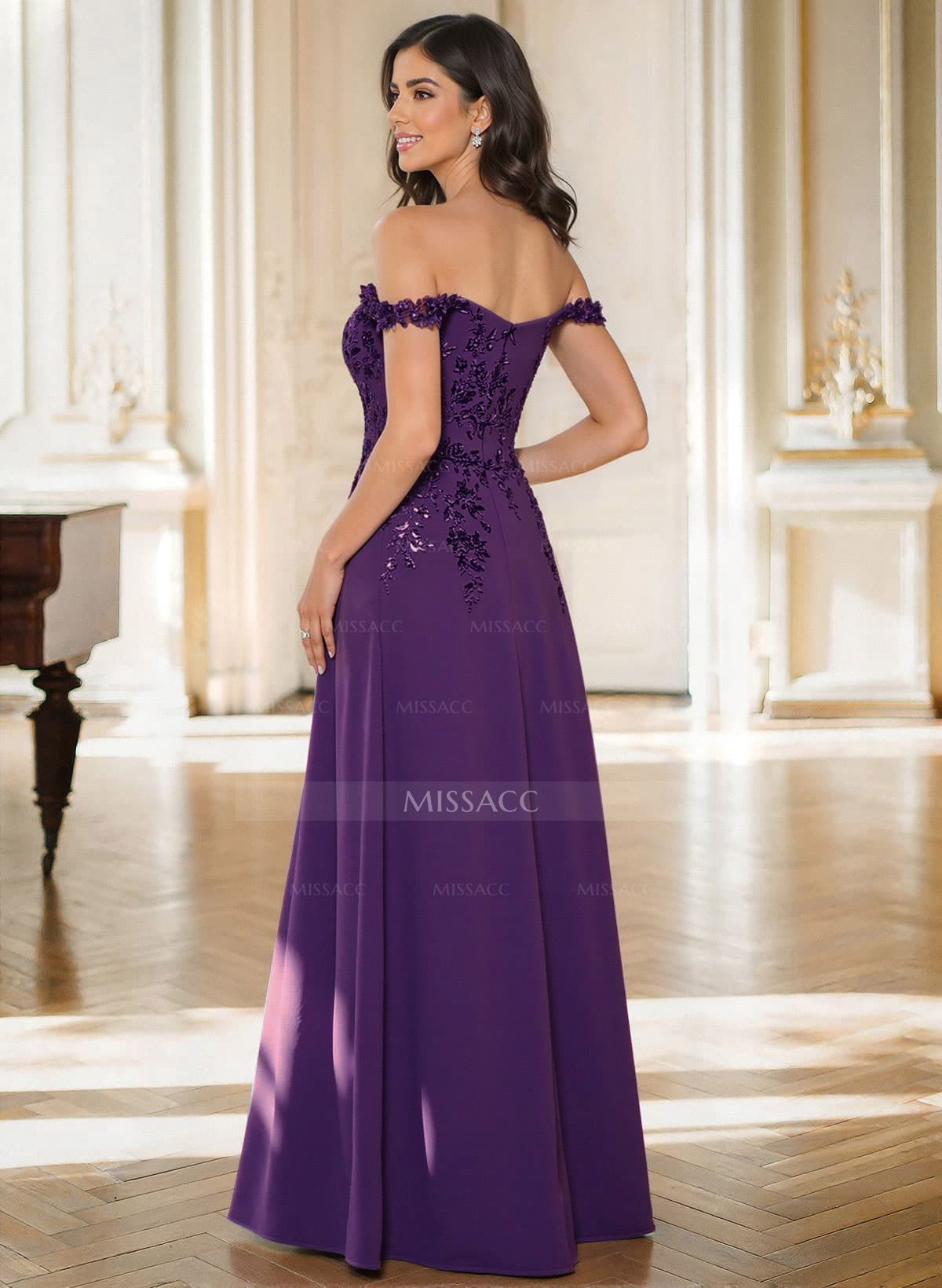 Off-The-Shoulder Sleeveless Floor-Length Elastic Satin Mother Of The Bride Dresses With Appliques Lace