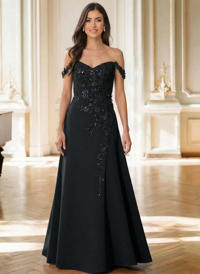 Off-The-Shoulder Sleeveless Floor-Length Elastic Satin Mother Of The Bride Dresses With Appliques Lace
