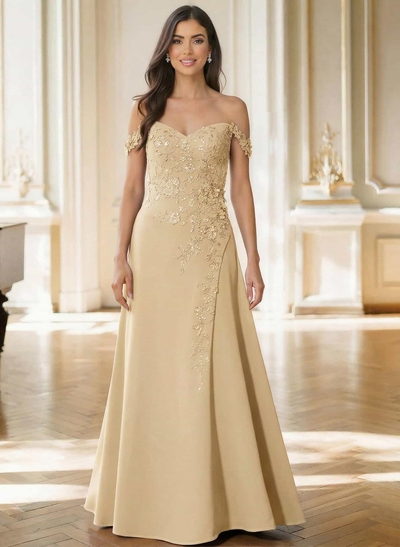 Off-The-Shoulder Sleeveless Floor-Length Elastic Satin Mother Of The Bride Dresses With Appliques Lace