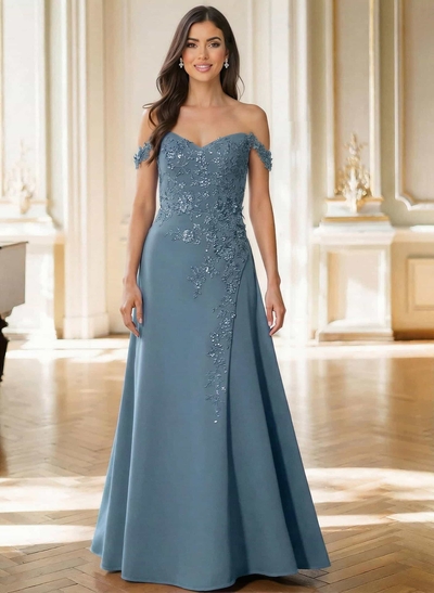 Off-The-Shoulder Sleeveless Floor-Length Elastic Satin Mother Of The Bride Dresses With Appliques Lace