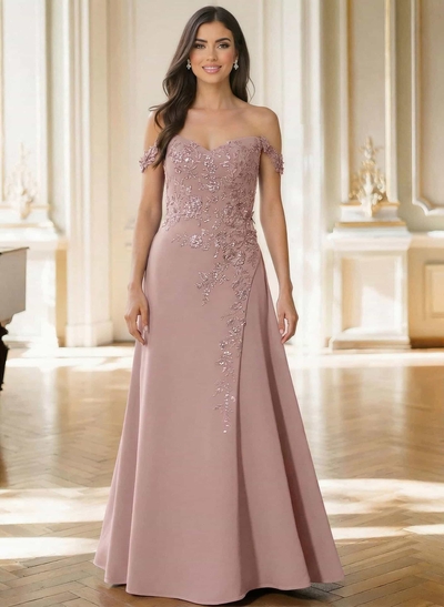 Off-The-Shoulder Sleeveless Floor-Length Elastic Satin Mother Of The Bride Dresses With Appliques Lace