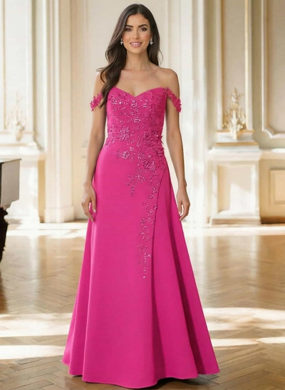 Off-The-Shoulder Sleeveless Floor-Length Elastic Satin Mother Of The Bride Dresses With Appliques Lace