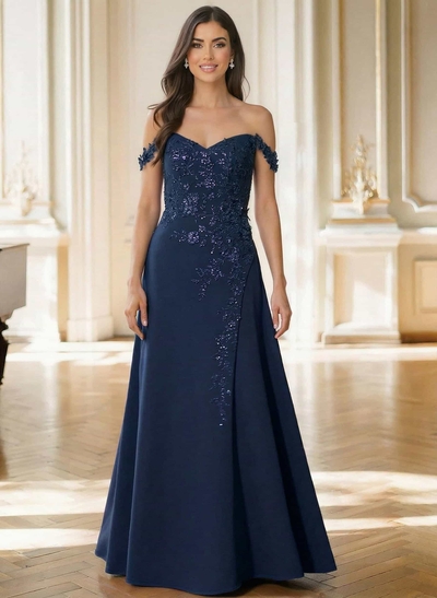Off-The-Shoulder Sleeveless Floor-Length Elastic Satin Mother Of The Bride Dresses With Appliques Lace