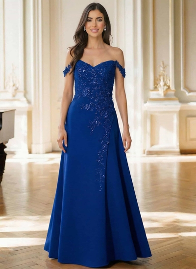 Off-The-Shoulder Sleeveless Floor-Length Elastic Satin Mother Of The Bride Dresses With Appliques Lace