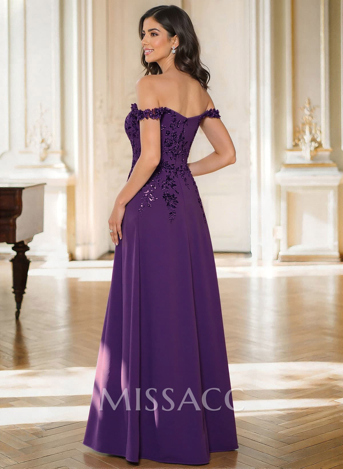 Off-The-Shoulder Sleeveless Floor-Length Elastic Satin Mother Of The Bride Dresses With Appliques Lace
