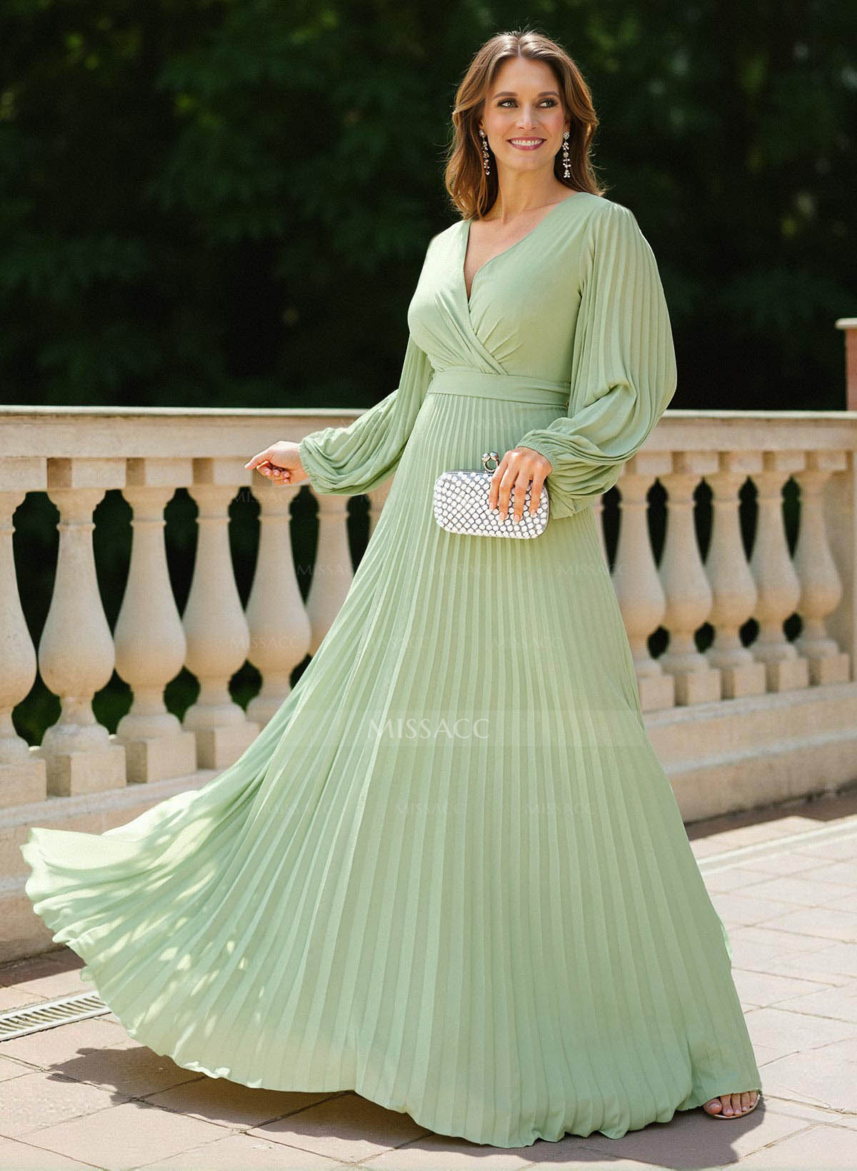 A-Line V-Neck Long Sleeves Floor-Length Chiffon Mother Of The Bride Dresses With Pleated/Sash