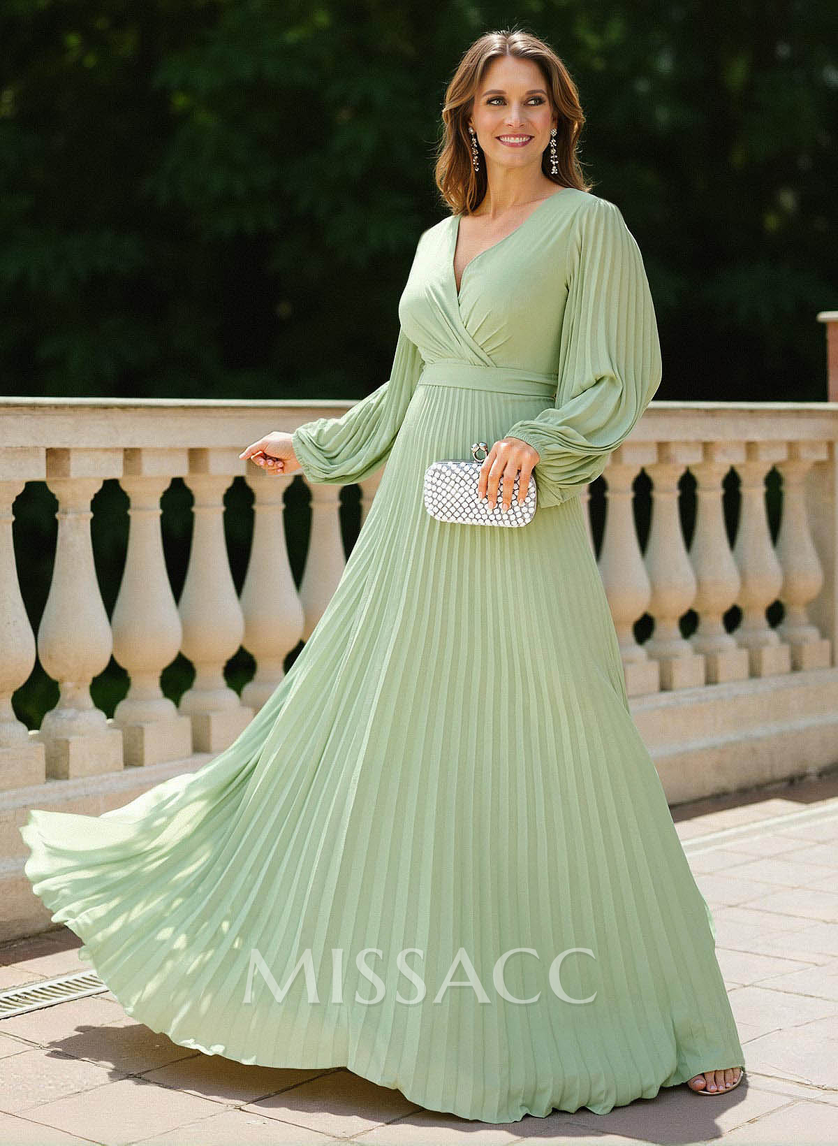 A-Line V-Neck Long Sleeves Floor-Length Chiffon Mother Of The Bride Dresses With Pleated/Sash A-Line V-Neck Long Sleeves Floor-Length Chiffon Mother Of The Bride Dresses With Pleated/Sash