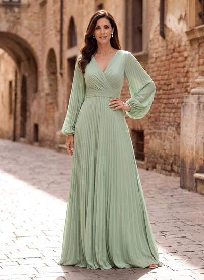 A-Line V-Neck Long Sleeves Floor-Length Chiffon Evening Dresses With Pleated/Sash