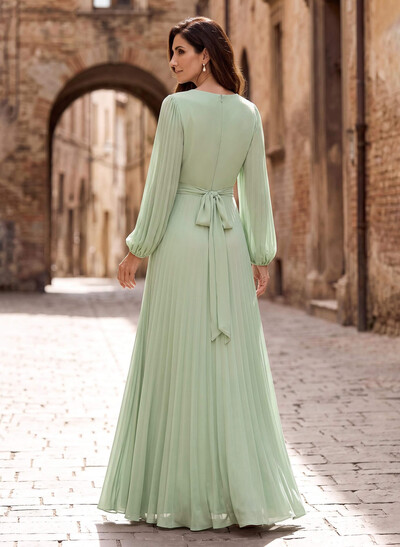 A-Line V-Neck Long Sleeves Floor-Length Chiffon Evening Dresses With Pleated/Sash