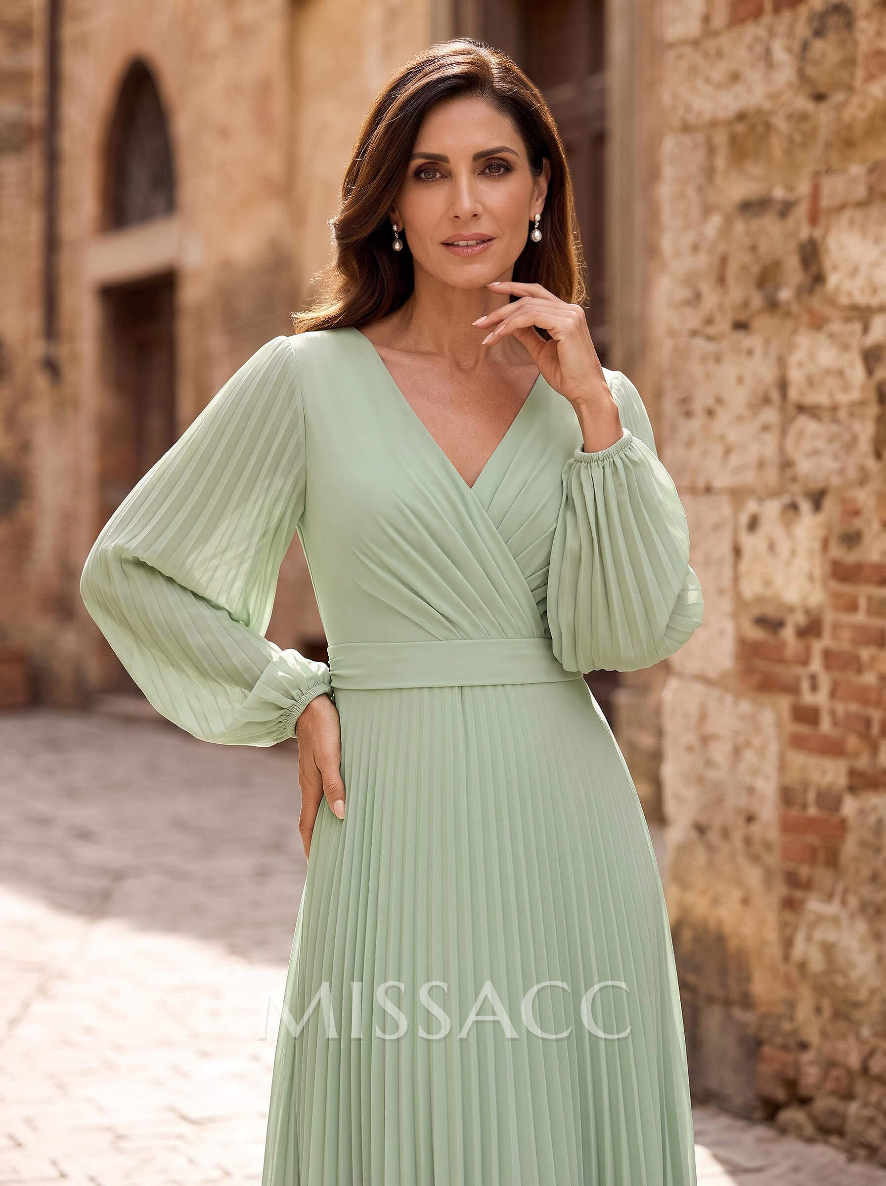 A-Line V-Neck Long Sleeves Floor-Length Chiffon Mother Of The Bride Dresses With Pleated/Sash A-Line V-Neck Long Sleeves Floor-Length Chiffon Mother Of The Bride Dresses With Pleated/Sash