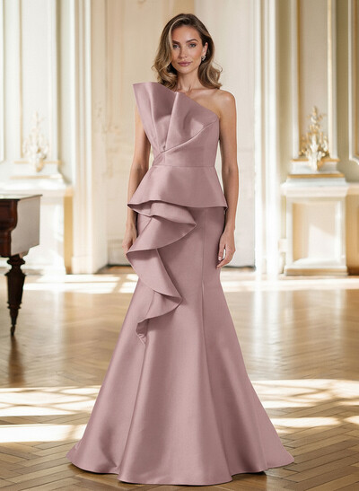Trumpet/Mermaid Strapless Sleeveless Sweep Train Satin Mother Of The Bride Dresses With Cascading Ruffles