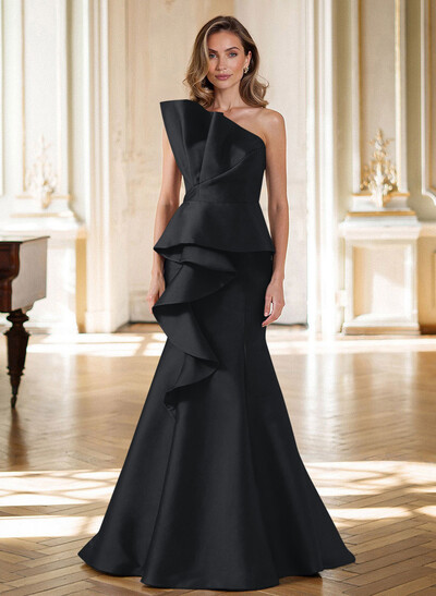 Trumpet/Mermaid Strapless Sleeveless Sweep Train Satin Mother Of The Bride Dresses With Cascading Ruffles