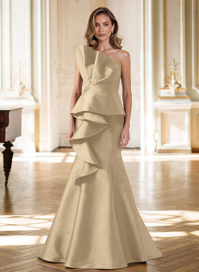 Trumpet/Mermaid Strapless Sleeveless Sweep Train Satin Mother Of The Bride Dresses With Cascading Ruffles