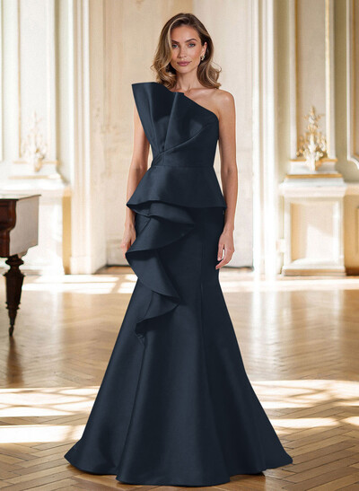 Trumpet/Mermaid Strapless Sleeveless Sweep Train Satin Mother Of The Bride Dresses With Cascading Ruffles