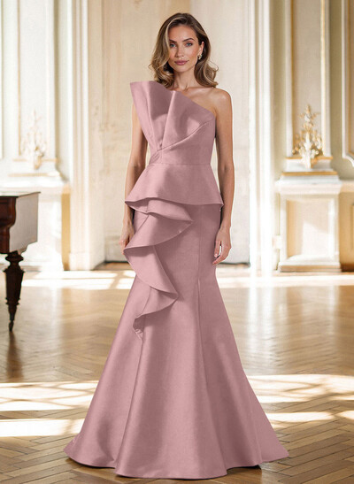 Trumpet/Mermaid Strapless Sleeveless Sweep Train Satin Mother Of The Bride Dresses With Cascading Ruffles
