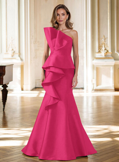 Trumpet/Mermaid Strapless Sleeveless Sweep Train Satin Mother Of The Bride Dresses With Cascading Ruffles