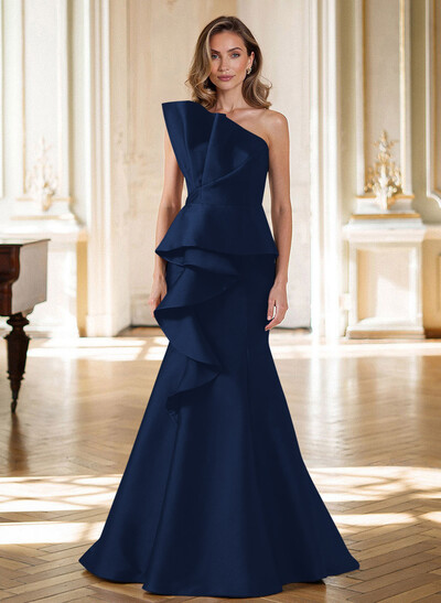 Trumpet/Mermaid Strapless Sleeveless Sweep Train Satin Mother Of The Bride Dresses With Cascading Ruffles