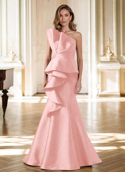 Trumpet/Mermaid Strapless Sleeveless Sweep Train Satin Mother Of The Bride Dresses With Cascading Ruffles