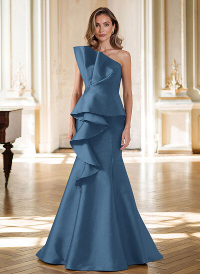 Trumpet/Mermaid Strapless Sleeveless Sweep Train Satin Mother Of The Bride Dresses With Cascading Ruffles