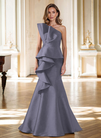 Trumpet/Mermaid Strapless Sleeveless Sweep Train Satin Mother Of The Bride Dresses With Cascading Ruffles