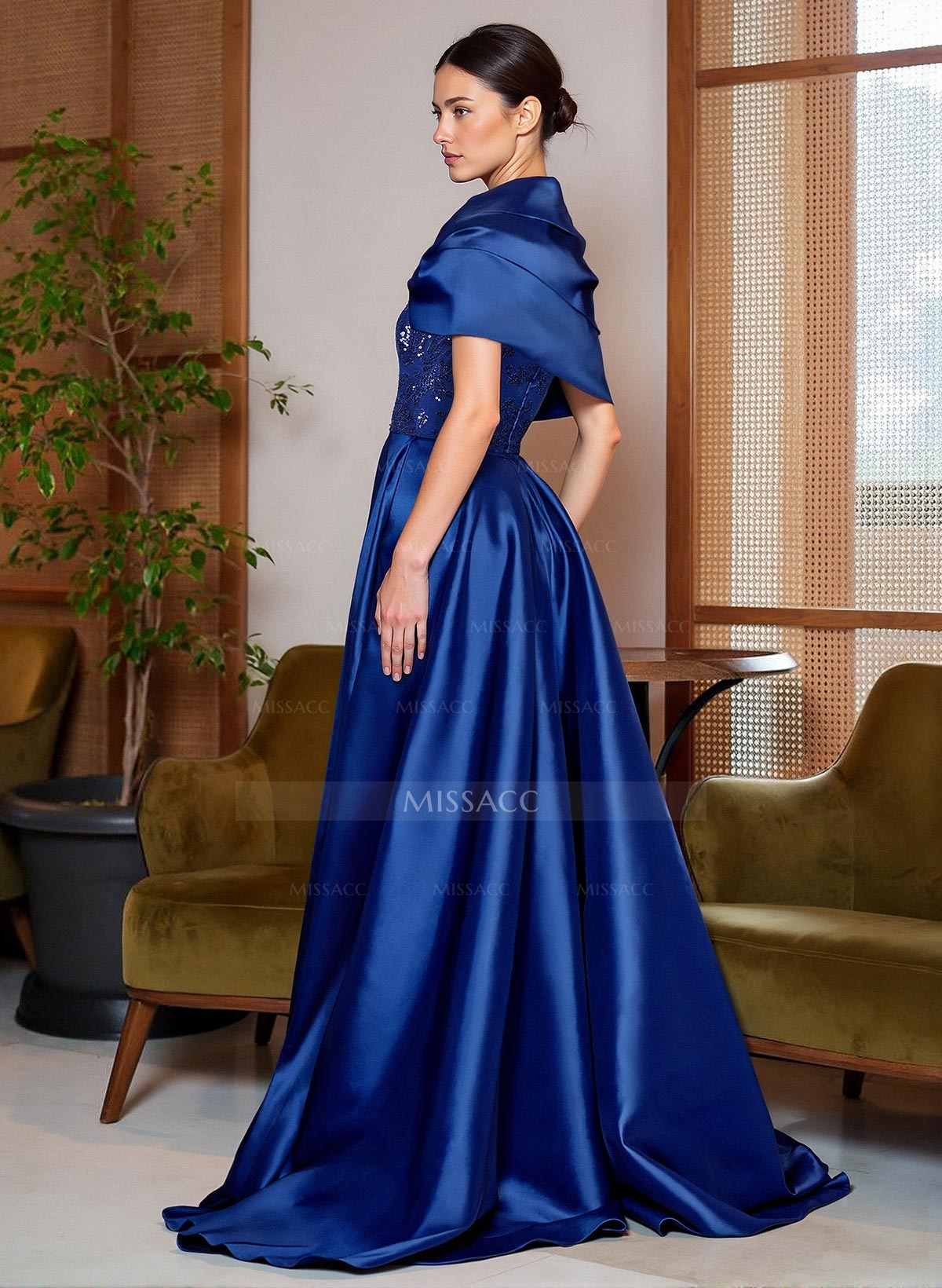 A-Line Cape Sleeves Sweep Train Satin Mother Of The Bride Dresses With Lace