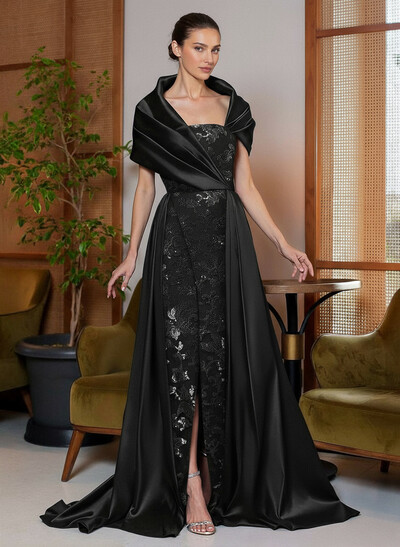A-Line Cape Sleeves Sweep Train Satin Mother Of The Bride Dresses With Lace