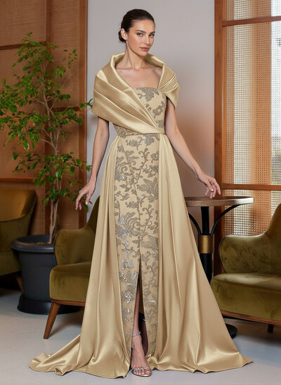 A-Line Cape Sleeves Sweep Train Satin Mother Of The Bride Dresses With Lace