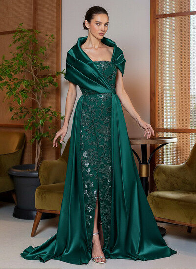 A-Line Cape Sleeves Sweep Train Satin Mother Of The Bride Dresses With Lace