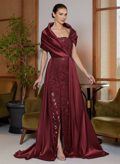 A-Line Cape Sleeves Sweep Train Satin Mother Of The Bride Dresses With Lace