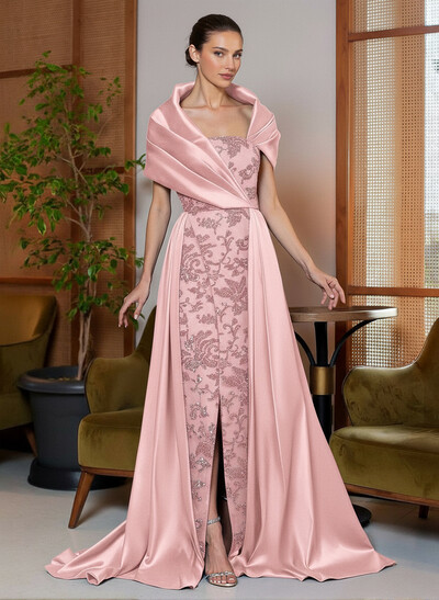 A-Line Cape Sleeves Sweep Train Satin Mother Of The Bride Dresses With Lace