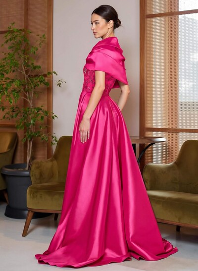 A-Line Cape Sleeves Sweep Train Satin Mother Of The Bride Dresses With Lace