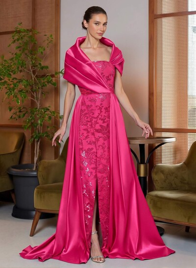 A-Line Cape Sleeves Sweep Train Satin Mother Of The Bride Dresses With Lace