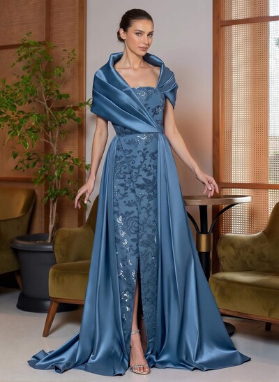 A-Line Cape Sleeves Sweep Train Satin Mother Of The Bride Dresses With Lace