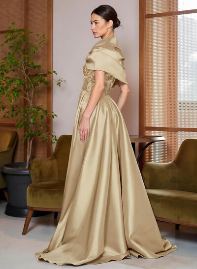 A-Line Cape Sleeves Sweep Train Satin Mother Of The Bride Dresses With Lace