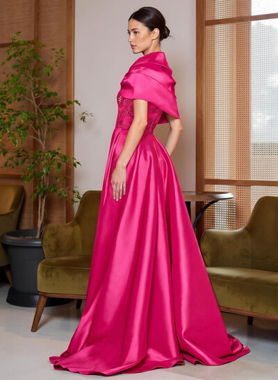 A-Line Cape Sleeves Sweep Train Satin Mother Of The Bride Dresses With Lace