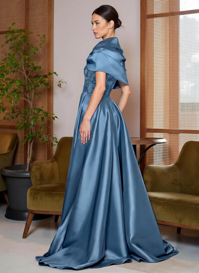 A-Line Cape Sleeves Sweep Train Satin Mother Of The Bride Dresses With Lace