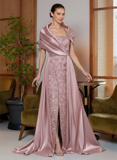 A-Line Cape Sleeves Sweep Train Satin Mother Of The Bride Dresses With Lace